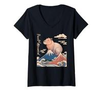 Women's Peece & Mountain Capybara Peaks Waves Kawaii Nature V-Neck T-Shirt