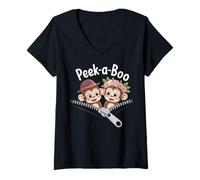 Womens Peek-a-Boo Cute Peeking Monkeys Zipper V-Neck T-Shirt