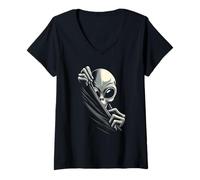 Women's Peeking Alien Extraterrestrial V-Neck T-Shirt