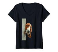 Womens Peeking Basset Hound Dog Dog Lovers V-Neck T-Shirt