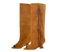 Women's Peep Toe Flock Fringe Knee-High Boots With A Fashionable Shaped High Heel And Metal Toe Cap Accent For Stylish Occasions