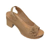 Women's Peep Toe Floral Decor Mid Block Heel Sandals, Breathable Hollow Out Cutout Back Strap Buckle Casual Comfortable Summer Daily Walking Dress Shoes Size 6