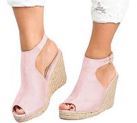 Women's Peep Toe Platforms Slip on Ankle Strap Wedges Sandals Casual Buckle Slingback Ladies Roman Shoes,Pink,US7.5/EU39