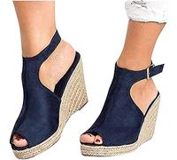 Women's Peep Toe Platforms Slip on Ankle Strap Wedges Sandals Casual Buckle Slingback Ladies Roman Shoes,Blue,US5/EU36