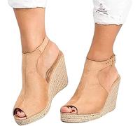 Women's Peep Toe Platforms Slip on Ankle Strap Wedges Sandals Casual Buckle Slingback Ladies Roman Shoes,Brown,US10/EU42
