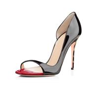 Women's Peep Toe Pumps, Black High Stiletto Evening Heels | Glossy Open-Side Design With Red Accent; Elegant Pair For Cocktails, Parties And Dinner Events