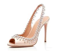 Women's Peep Toe Satin Bridal Sandals Slip on Wedding Dress Shoes with Rhinestone Stiletto High Heel Evening Party Prom Pumps,Pink,14 UK