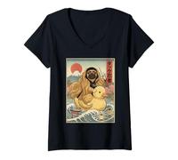 Women's Pekingese Ninja Japan Vintage Japanese Ukiyo-e Art V-Neck T-Shirt