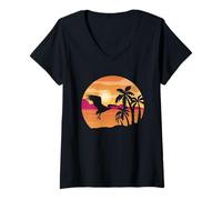 Womens Pelican Bird Palm Tree Tropical Bird Animal Summer Sunrise V-Neck T-Shirt