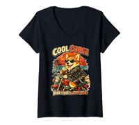 Women's Pembroke Welsh Corgi Drinking ice Coffee on Motorbike DIGOR V-Neck T-Shirt