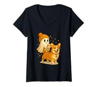 Womens Pembroke Welsh Corgi Halloween Ghost Walking Dog V-Neck T-Shirt