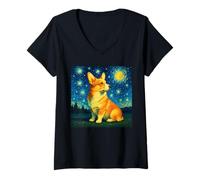 Womens Pembroke Welsh Corgi Van Gogh Starry Night Cool Art V-Neck T-Shirt