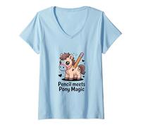 Women's Pencil Meets Pony Magic Cute Kawaii Pony V-Neck T-Shirt