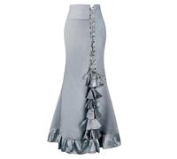 Women's Pencil Skirt Retro Gothic Ladies Vintage Victorian Style High Ruffle Jacquard Fishtail Mermaid Long Skirt (XXL,Grey)
