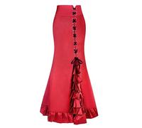 Women's Pencil Skirt Retro Gothic Ladies Vintage Victorian Style High Ruffle Jacquard Fishtail Mermaid Long Skirt (XL,Red)
