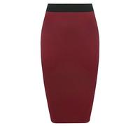 Womens Pencil Stretch Tube Wiggle Ladies Contrast Elasticated Waistband Fit Bodycon Plain Office Midi Skirt Plus Size Burgundy Size 16 - 18 (L/XL)