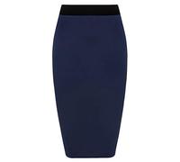 Womens Pencil Stretch Tube Wiggle Ladies Contrast Elasticated Waistband Fit Bodycon Plain Office Midi Skirt Navy Blue Size 8 - 10 (S/M)