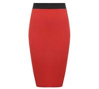 Womens Pencil Stretch Tube Wiggle Ladies Contrast Elasticated Waistband Fit Bodycon Plain Office Midi Skirt Red Size 12 - 14 (M/L)