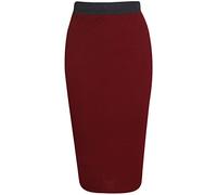 Womens Pencil Stretch Tube Wiggle Ladies Contrast Elasticated Waistband Fit Bodycon Plain Office Midi Skirt Burgundy Size 16 - 18 (L/XL)