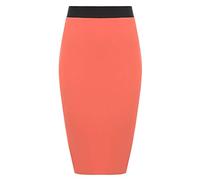 Womens Pencil Stretch Tube Wiggle Ladies Contrast Elasticated Waistband Fit Bodycon Plain Office Midi Skirt Coral Size 8 - 10 (S/M)