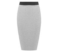 Womens Pencil Stretch Tube Wiggle Ladies Contrast Elasticated Waistband Fit Bodycon Plain Office Midi Skirt Light Grey Size 12 - 14 (M/L)