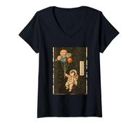 Women's Penguin Astronaut Solar System Planets Japanese Art V-Neck T-Shirt