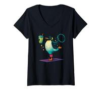Womens Penguin Doing Yoga Pilates with Smoothie V-Neck T-Shirt