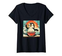Womens Penguin eats noodle soup, Japan, Ramen V-Neck T-Shirt