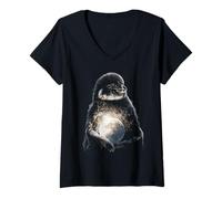Women's Penguin Holding Full Moon Moonlight Aesthetic Animal Art V-Neck T-Shirt