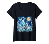 Women's Penguin Howling at The Moon Arctic Night Sky Animal Art V-Neck T-Shirt