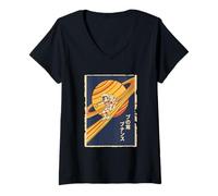 Women's Penguin Space Saturn Ring Surfer Astronaut Japanese V-Neck T-Shirt