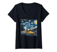 Womens Penguin Starry Night - Funny Van Gogh Painting Penguin V-Neck T-Shirt