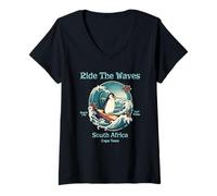 Women's Penguin Surfing Waves South Africa Cape Cod Surfs Up Fun V-Neck T-Shirt