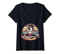 Womens Penguin Sushi Master Art Japan V-Neck T-Shirt