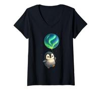 Womens Penguin with Aurora Balloon Cute Arctic Night Artwork Design V-Neck T-Shirt