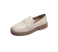 Womens Penny Loafers Girls Flat School Shoes Ladies Platform Super Soft Comfort PU Leather Work Oxford Shoes Size 2-8 UK (2,Beige)