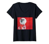 Womens Pensive Asian Woman and Moon V-Neck T-Shirt
