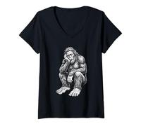 Women's Pensive Bigfoot Sasquatch Cryptid Legend V-Neck T-Shirt