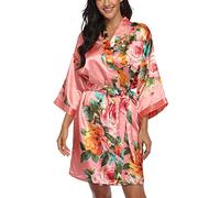 Women's Peony Kimono Robe Short Satin Floral Wedding Dressing Gown Bride Bridesmaid - Pink - XL/3XL