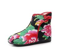 Women's Peony Pattern Plush Lined Winter Ankle Boots Traditional Chinese Style Cloth Boots Non-Slip Comfort Ethnic Style Shoes Stage Performance Oriental Boots(Black,40 EU)