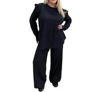 Womens Peplum Frill Ribbed Tracksuit Ladies Long Sleeve Round Neck Soft & Cozy Top Oversized Ribbed Lounge Wear Wide Flared Trouser Casual Wear Winter Wear Warm Fancy Party Co-Ord Set Plus Size