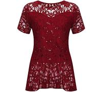 Women's Peplum Frill Style Floral Lace Diamante Sequin Short Sleeve Top Scoop Neck Shirt Ladies Fancy Dress Party Peplum Frill Regular Fit Vest Plus Size Top Wine UK 14