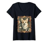 Women's Perky Pembroke Welsh Corgi Vintage British Botanical V-Neck T-Shirt