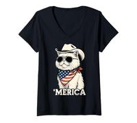 Women's Persian Cat American Flag Bandana Sunglasses Cowboy Hat V-Neck T-Shirt