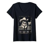 Women's Persian Cat Cowboy with Iced Coffee Rodeo Western Feline V-Neck T-Shirt