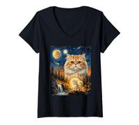 Women's Persian Cat Howling to The Moon V-Neck T-Shirt
