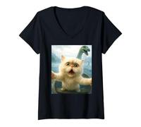 Womens Persian Cat Selfie Cat Chased By Loch Ness Monster Nessie V-Neck T-Shirt