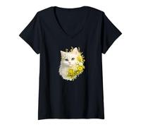 Women's Persian White Cat One Blue Green Eyes Wildflowers Adorable V-Neck T-Shirt