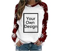 Womens Personalised Christmas Raglan Sweatshirt Custom Snowflake Jumper Add Text Photo Logo Plaid Sleeves Crew Neck Fleece Warm Top Winter Festive Red