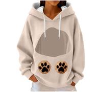 Womens Personalised Pet Photo Hoodie Custom Pullover Add Cat Dog Face Paw Print Pocket Soft Fleece Hooded Jumper with Drawstring Kangaroo Pocket Casual Winter Loungewear Beige